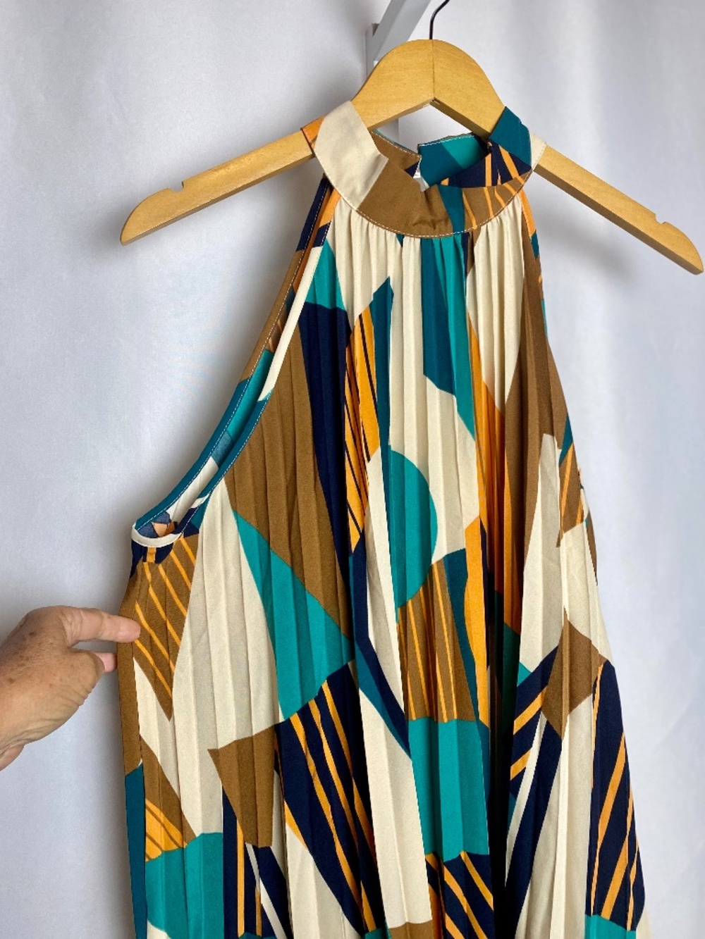 Indie Artsy Multicolor Teal Orange Geometric Pleated Flowy Halter Dress X-Large - Picture 6 of 10